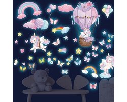 Lichtgevende Eenhoorn Muursticker Set voor Kinderkamer - Glow in the Dark Sterren, Regenboog en Vlinders - Zelfklevende Wanddecoratie voor Meisjeskamer en Babykamer