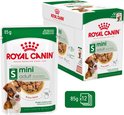 Doos met Royal Canin Mini Adult natvoer voor honden. Bevat 12 zakjes van 85g met stukjes in saus.