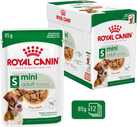 Doos met Royal Canin Mini Adult natvoer voor honden. Bevat 12 zakjes van 85g met stukjes in saus.