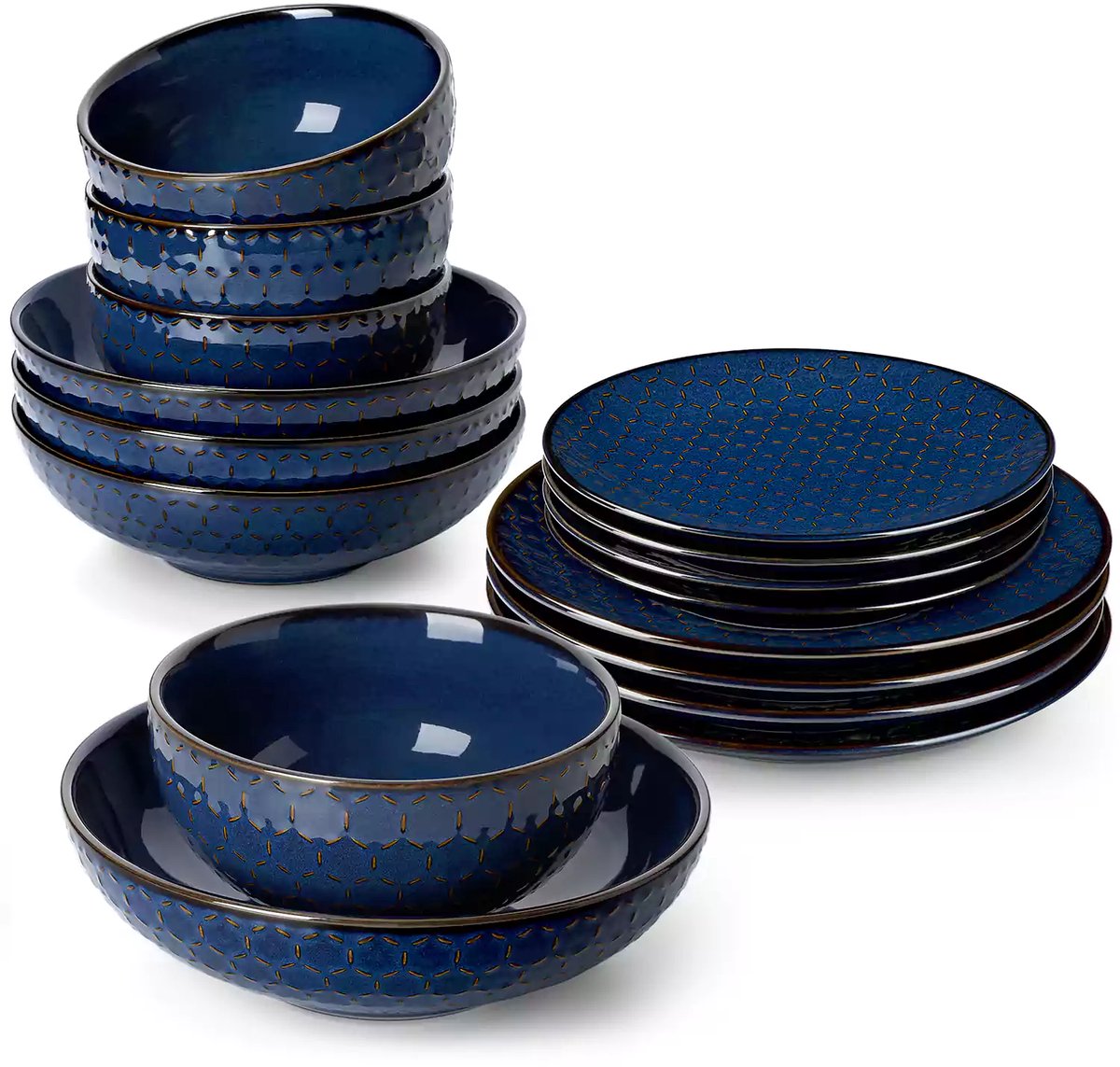 Serviesset - 4 Persoons Servies - Hexagon Patroon - Keramiek - Diner- en Dessertbord - Ontbijt- en Soepkom - 16-delige Set - Blauw
