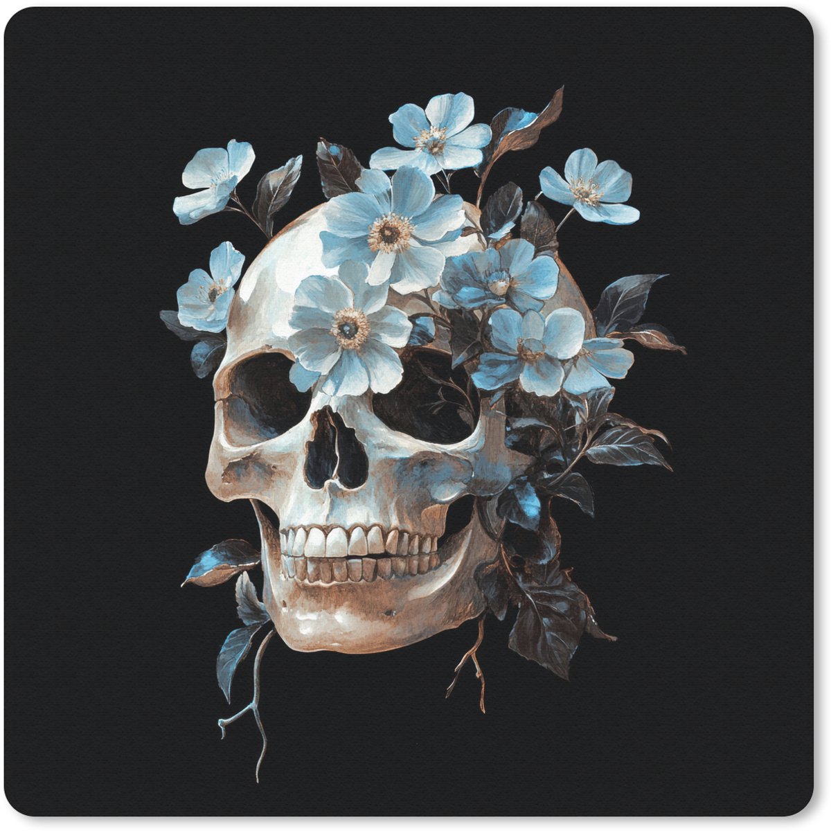 Muismat 30x30 cm - Mousepad Schedel - Blauw - Bloemen - Bladeren - Muismatten