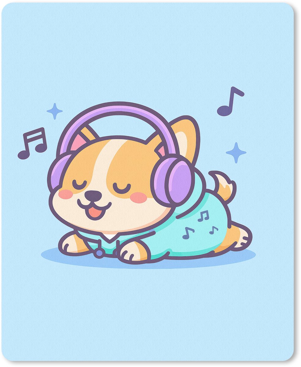Muismat 19x23 cm - Mousepad Corgi - Koptelefoon - Blauw - Muzieknoten - Muismatten