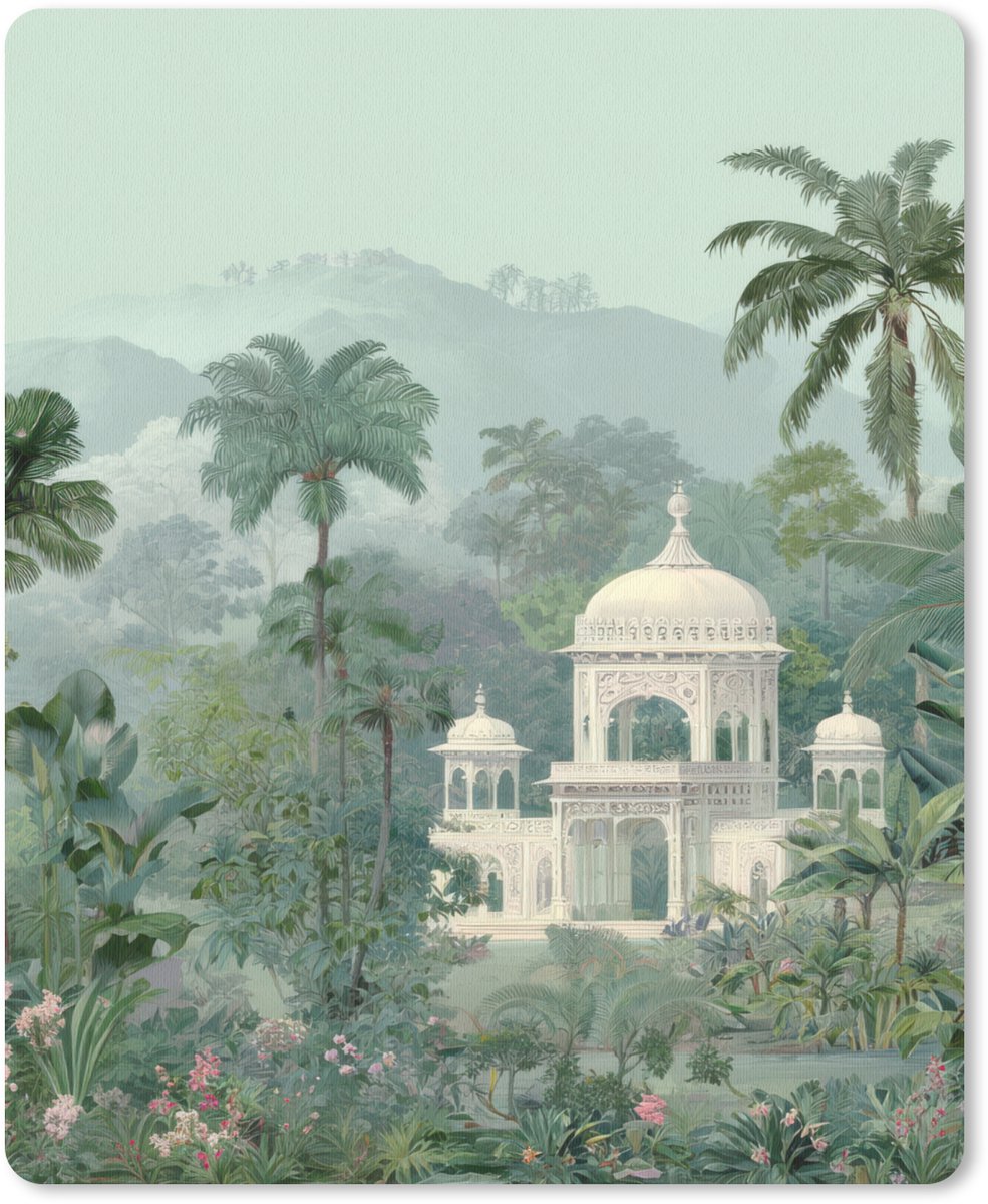 Muismat 19x23 cm - Mousepad Tropische tuin - Koepelgebouw - Bloemen - Muismatten