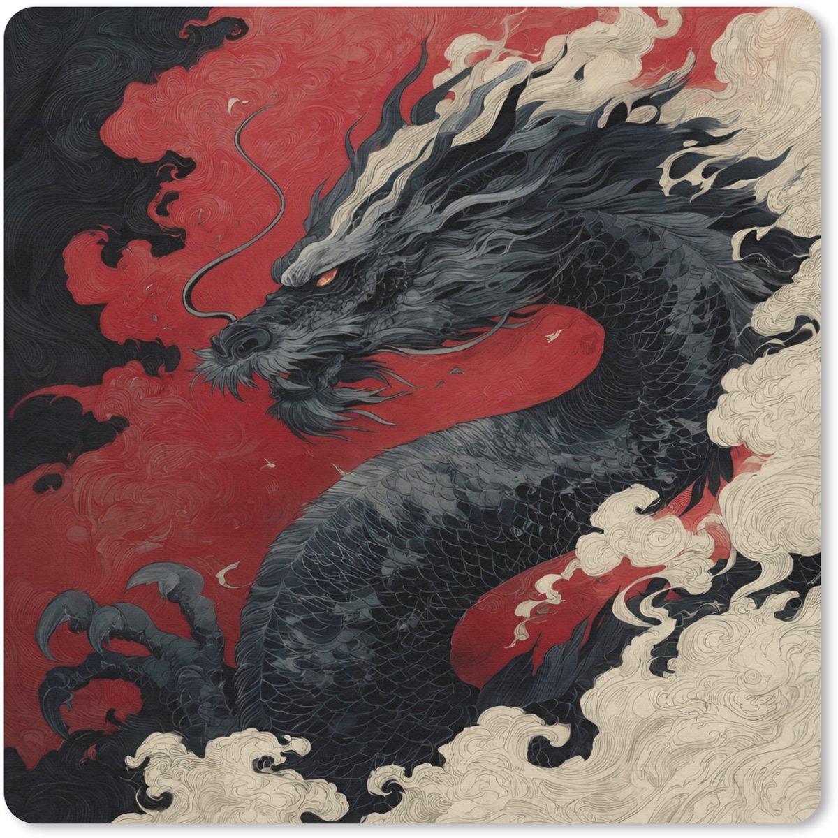 Muismat 30x30 cm - Mousepad Zwarte draak - Rookwolken - Rood - Muismatten