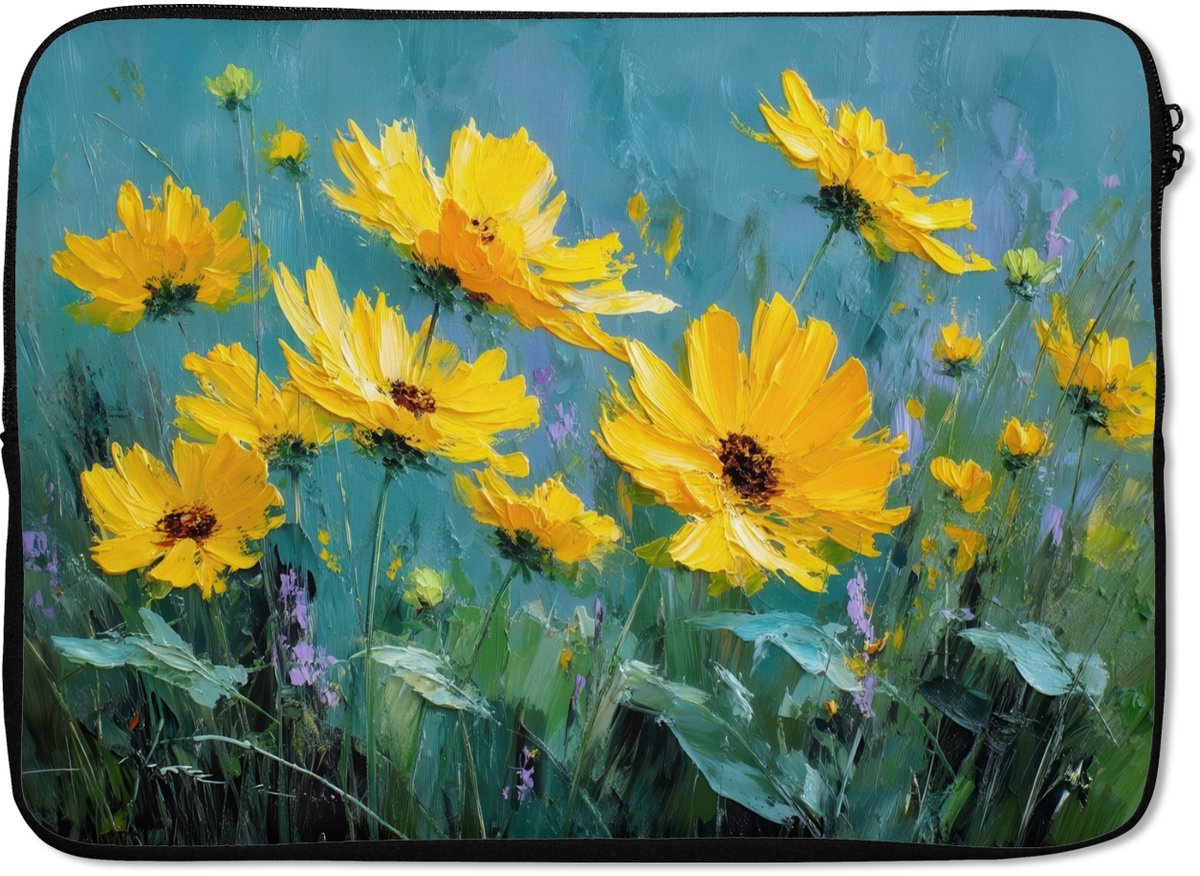 Laptophoes 14 inch - Penseelstreken - Bloemen - Felgeel - Abstract - Laptop sleeve - Binnenmaat 33x23 cm - Zwarte achterkant