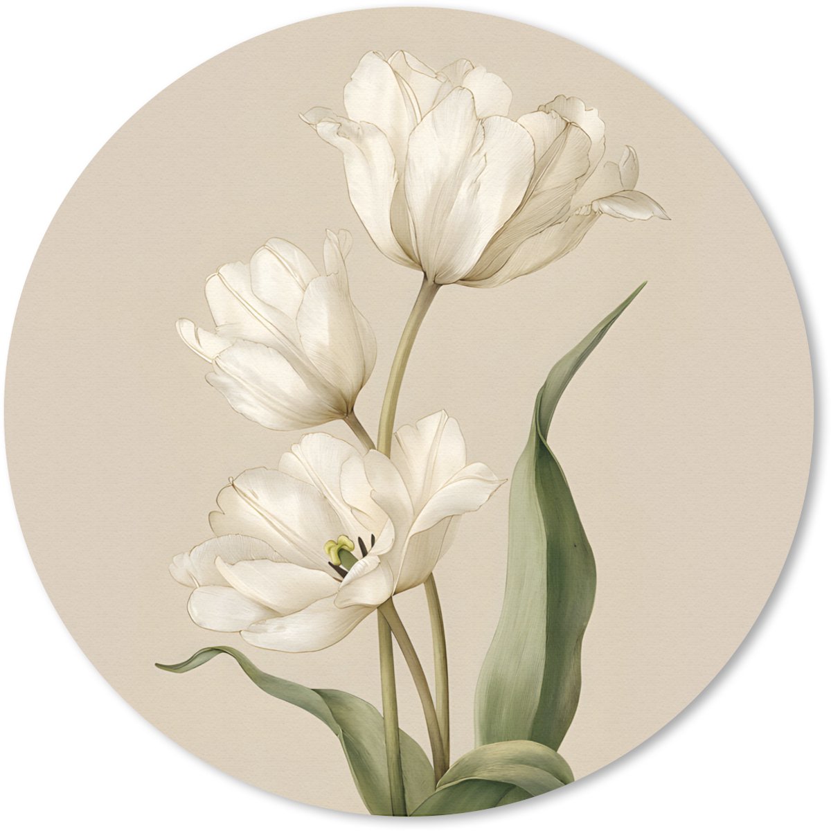 Muismat rond 40x40 cm - Mousepad Tulpen - Wit - Bladeren - Ronde muismatten