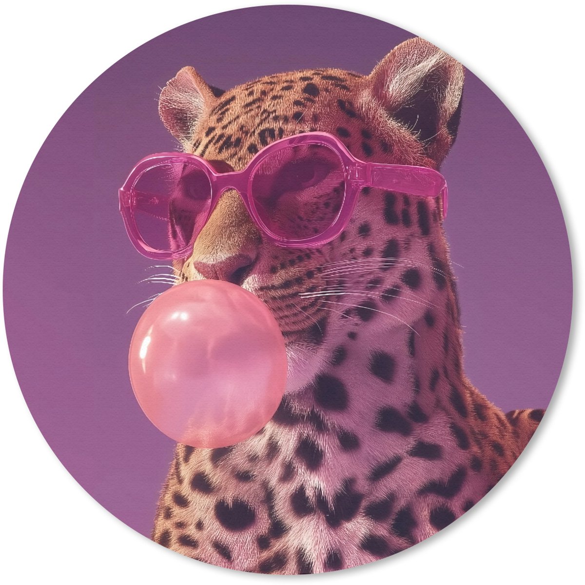 Muismat rond 20x20 cm - Mousepad Panter - Zonnebril - Kauwgombel - Roze - Ronde muismatten