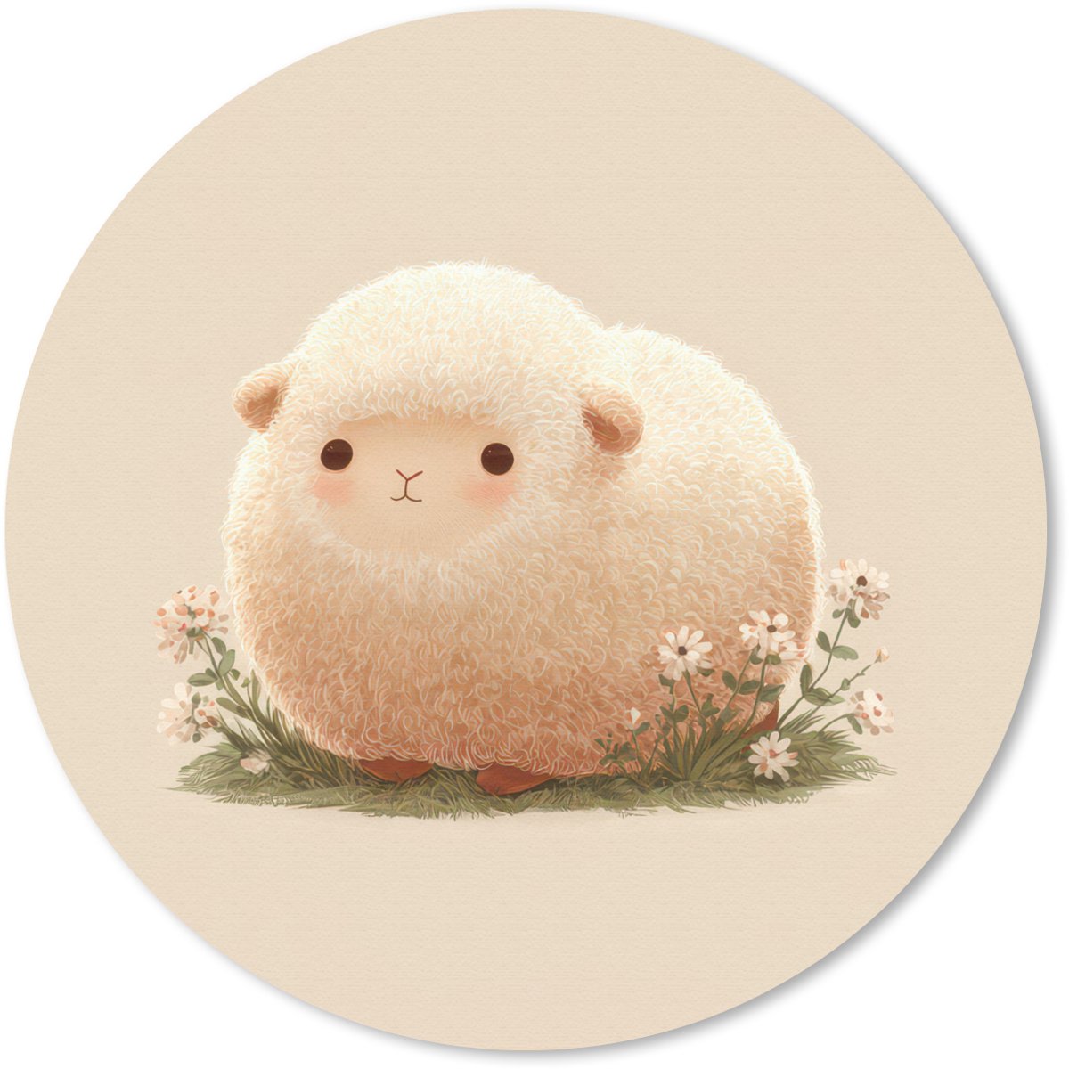 Muismat rond 50x50 cm - Mousepad Schaap - Beige - Bloemen - Ronde muismatten