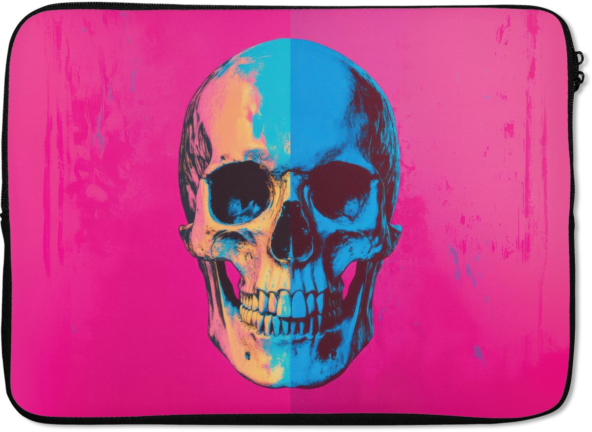 Laptophoes 13 inch - Neon - Blauw - Pop-art - Schedel - Laptop sleeve - Binnenmaat 32x22,5 cm - Zwarte achterkant