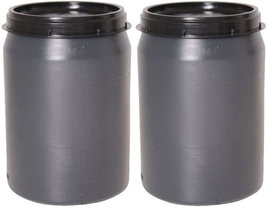 Twee donkergrijze kunststof containers met zwarte vacuümdichte deksels, 40 liter elk.