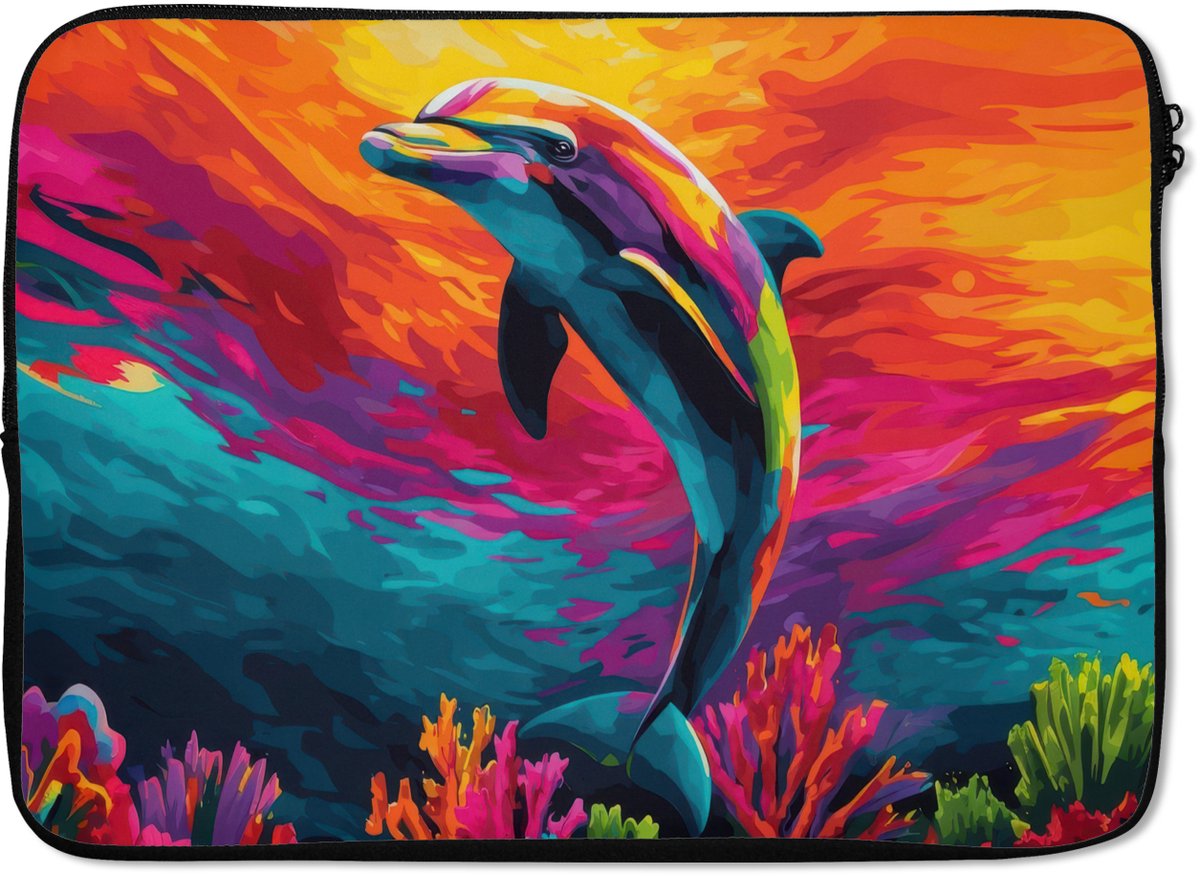 Laptophoes 14 inch - Dolfijn - Kleurrijk - Oceaan - Koraal - Laptop sleeve - Binnenmaat 33x23 cm - Zwarte achterkant