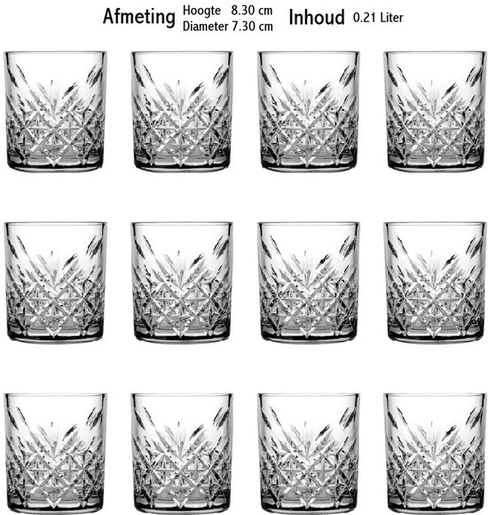 Douze verres à eau Pasabahce Timeless de 210 ml. Hauteur 8,30 cm, diamètre 7,30 cm.