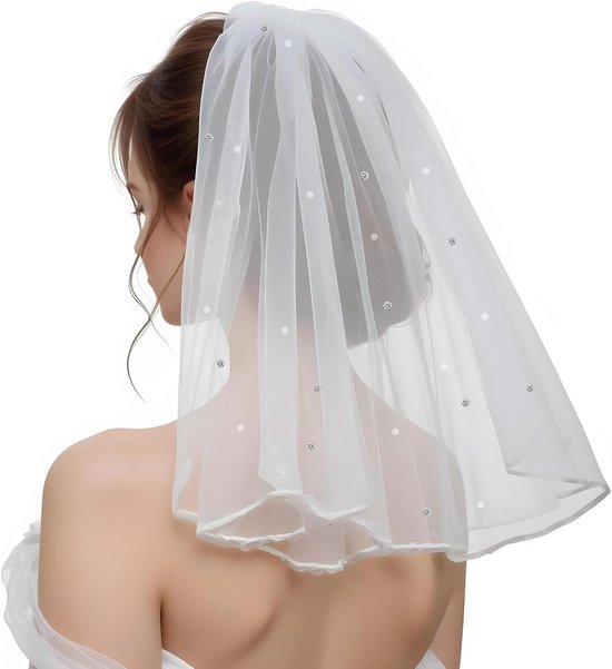 Allecto plus - Korte bruidssluier met strass, wit - Elegant accessoire voor bruiloft & vrijgezellenfeest - One Size