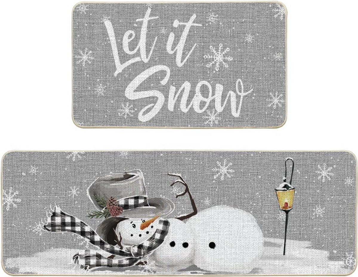 Kerst Keukentapijt Set - Wasbare Xmas Matten Met Sneeuwvlokken En Sneeuwpop - Antislip Binnen En Buiten Decoratie - 43x73cm En 43x118cm - Set Van 2