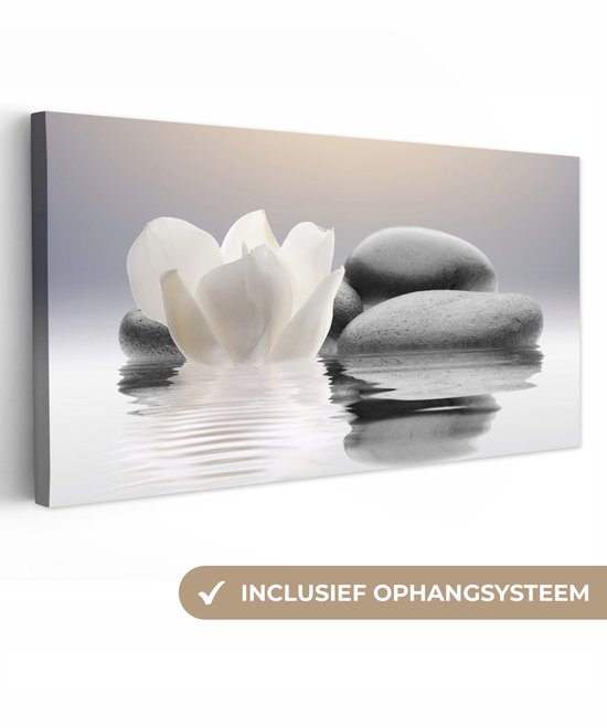 Canvas schilderij 60x30 cm - Wanddecoratie badkamer Stenen - Lotus - Wit - Water - Zen - Muurdecoratie WC - Decoratieve accessoires - Toilet muur decoratie - Schilderijen op canvas