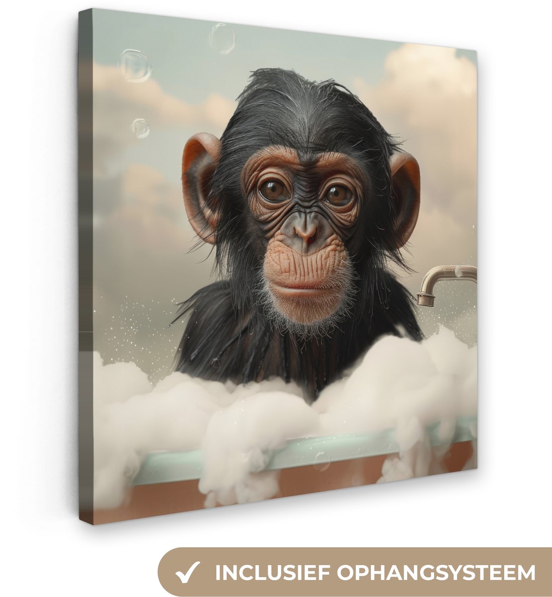 Canvas schilderij 90x90 cm - Wanddecoratie badkamer Aap - Dieren - Bad - Schuim - Muurdeco