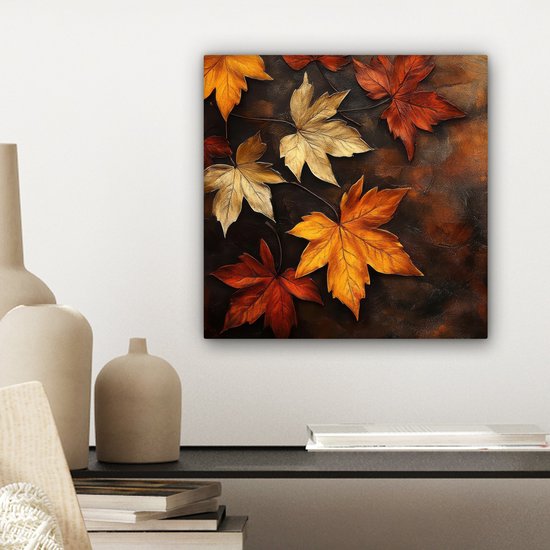 Peinture sur toile 20x20 cm - Décoration murale Feuilles d'automne - Marron - Feuilles Oranje - Rouge automne - Décoration murale murale salon - Décoration chambre - Accessoires de chambre - Peintures
