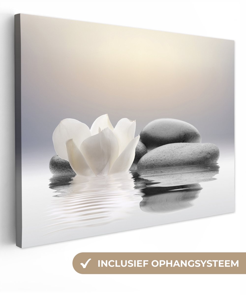 Canvas schilderij 120x90 cm - Wanddecoratie badkamer Stenen - Lotus - Wit - Water - Zen -
