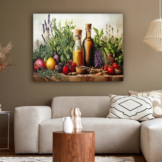 Peinture sur toile 120x90 cm - Décoration murale Nature morte - Herbes - Épices - Fruits - Coloré - Décoration murale salon - Décoration chambre - Accessoires chambre - Peintures