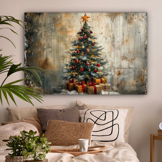 Canvas schilderij 120x80 cm - Wanddecoratie Kerstboom - Vintage - Kerst - Cadeau - Muurdecoratie woonkamer - Slaapkamer decoratie - Kamer accessoires - Schilderijen op canvas - Kerstdecoratie voor binnen - Kerstversiering - Kerstmis versiering