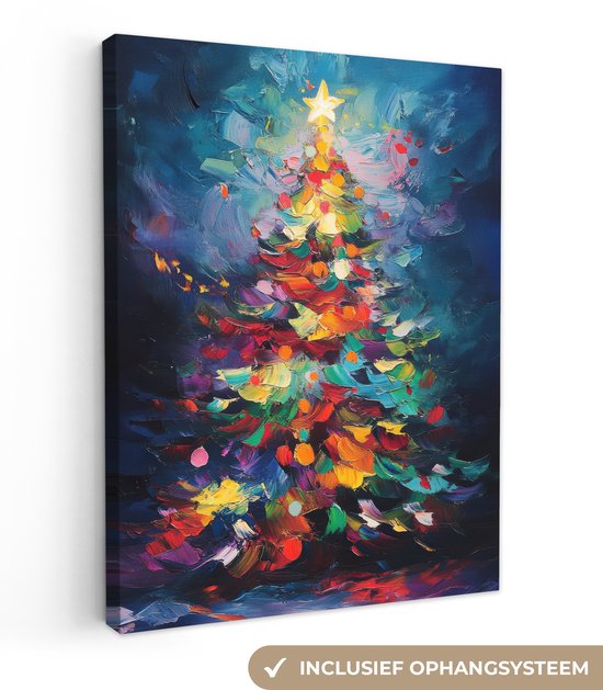 Canvas schilderij 60x80 cm - Wanddecoratie Kerstboom - Kerst - Abstract - Kleurrijk - Muurdecoratie woonkamer - Slaapkamer decoratie - Kamer accessoires - Schilderijen op canvas - Kerstdecoratie voor binnen - Kerstversiering - Kerstmis versiering