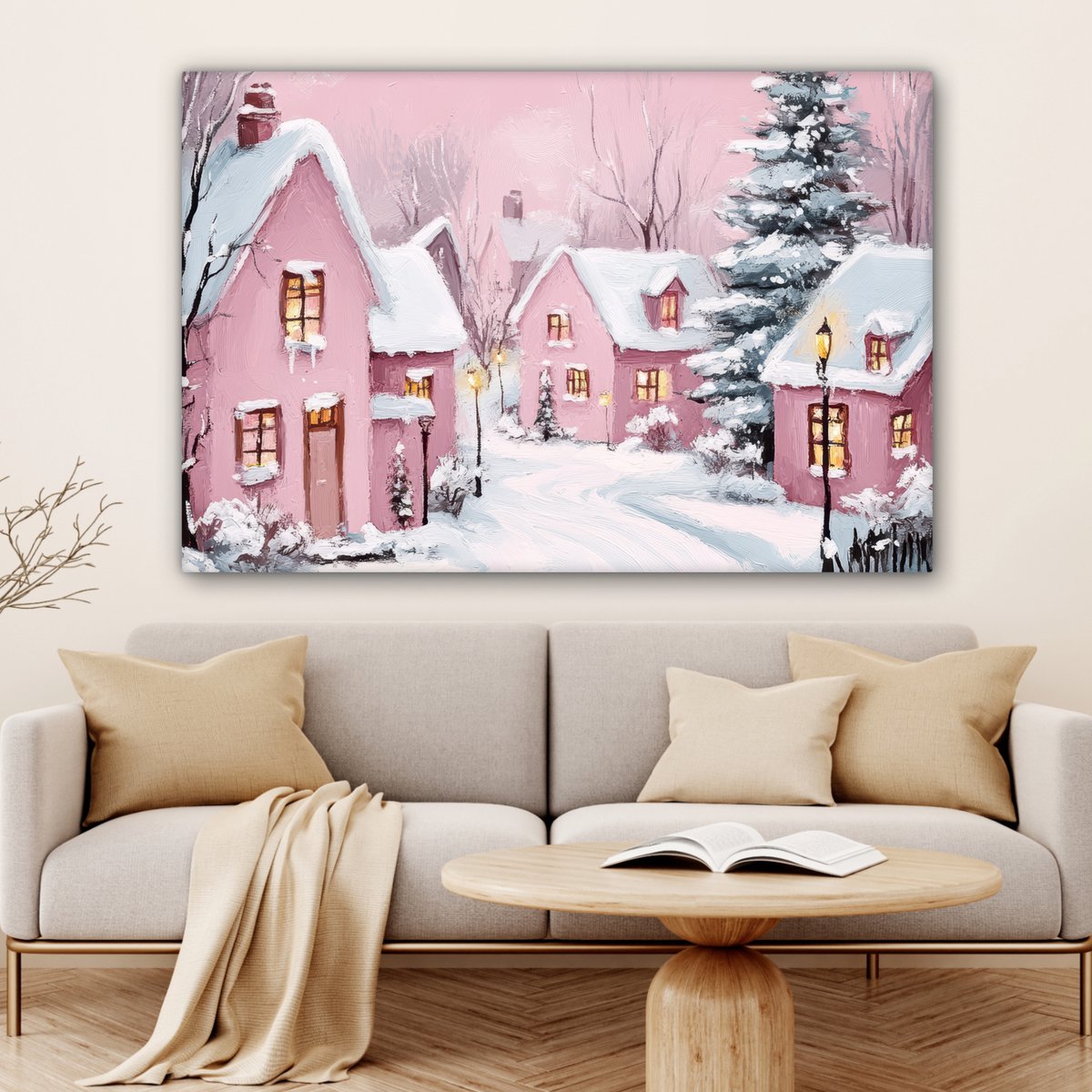 Canvas schilderij 120x80 cm - Wanddecoratie Kerstdorp - Roze - Winter - Sneeuw - Huizen - Muurdecoratie woonkamer - Slaapkamer decoratie - Kamer accessoires - Schilderijen op canvas - Kerstdecoratie voor binnen - Kerstversiering - Kerstmis versiering – foto 2