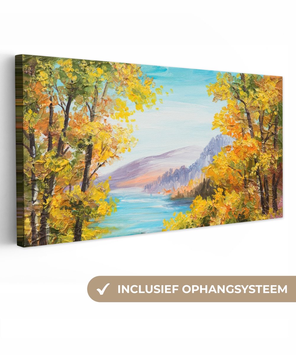 Canvas - Schilderij - Landschap - Bomen - Olieverf - Water - Bergen - 40x20 cm - Schilderijen op canvas - Canvas natuur - Muurdecoratie