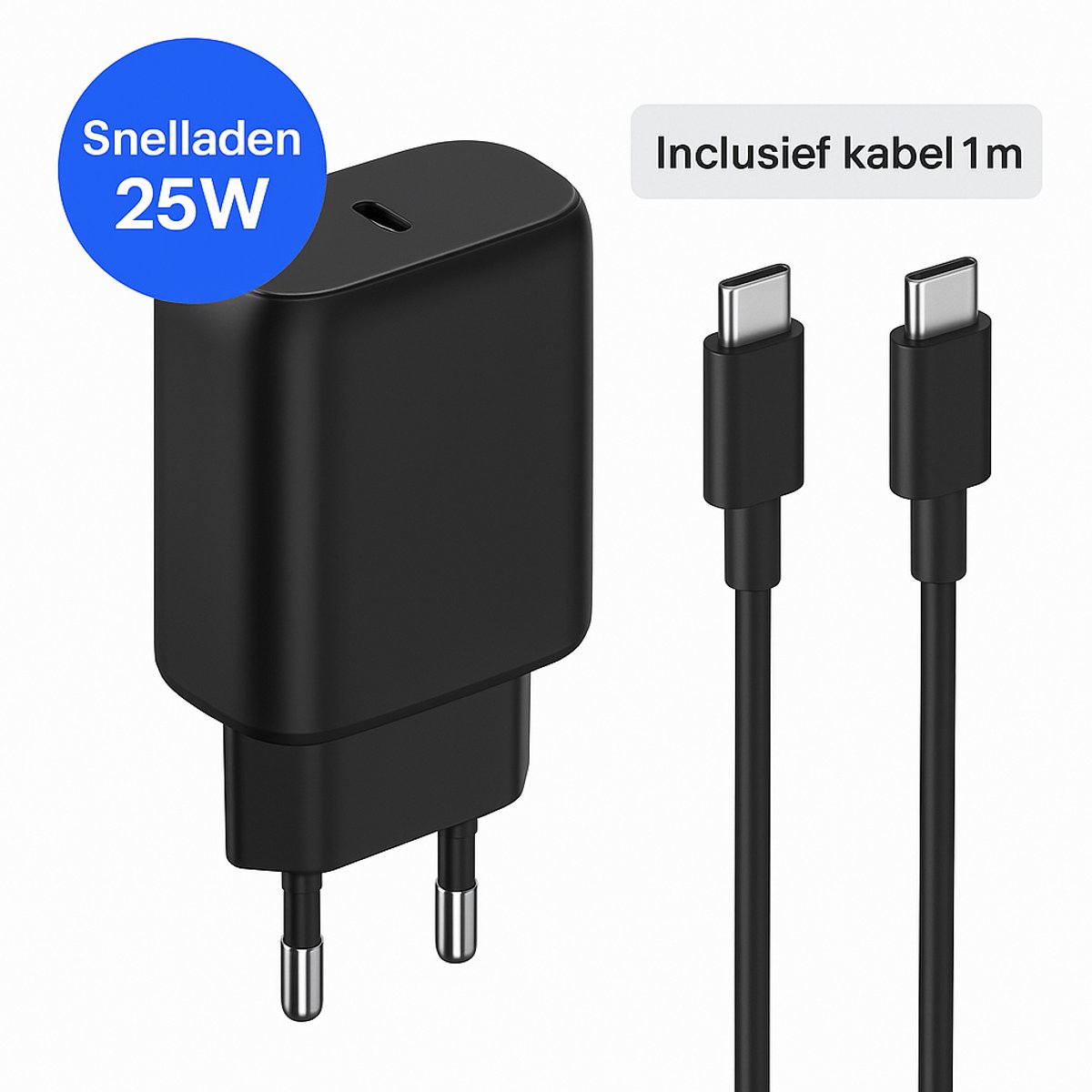 Xtronic 25W USB-C Snellader Zwart – Inclusief 1m USB-C naar USB-C Kabel – 25W Fast Charger voor USB-C Apparaten