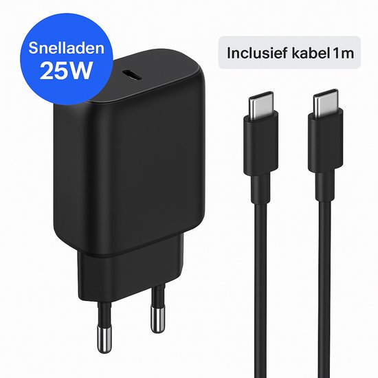 Xtronic 25W USB-C Snellader Zwart – Inclusief 1m USB-C naar USB-C Kabel – Geschikt voor Samsung Galaxy S21/S22/S23, iPhone 15/16/17, iPad en USB-C toestellen