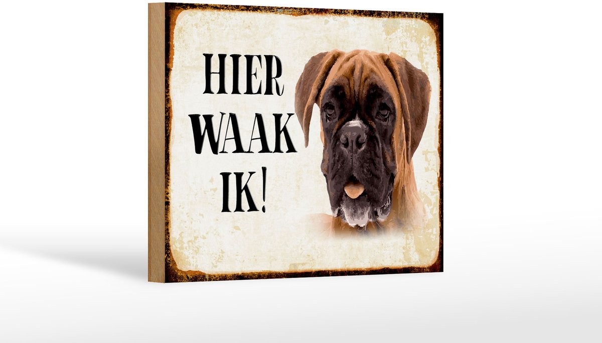Femer Houten bordje van FEMER 18x12cm met tekst Nederlands Hier Waak ik Boxer Hond Decoratie Bruin