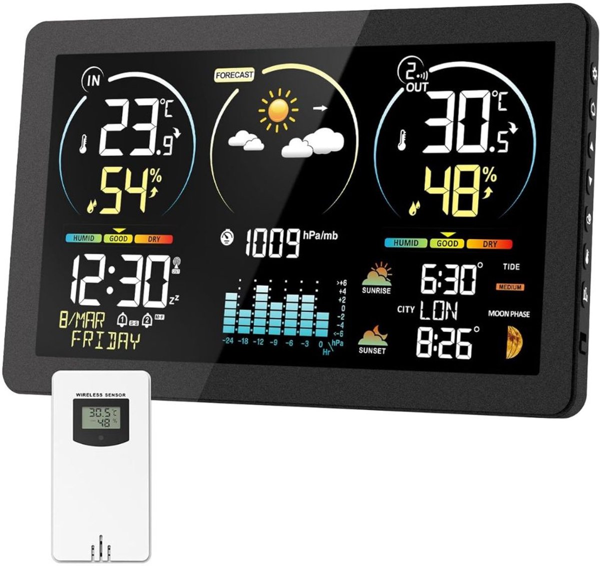 Weerstation Binnen en Buiten - Weerstation Draadloos Binnen Buiten - Weerstation met Buitensensor - Zwart