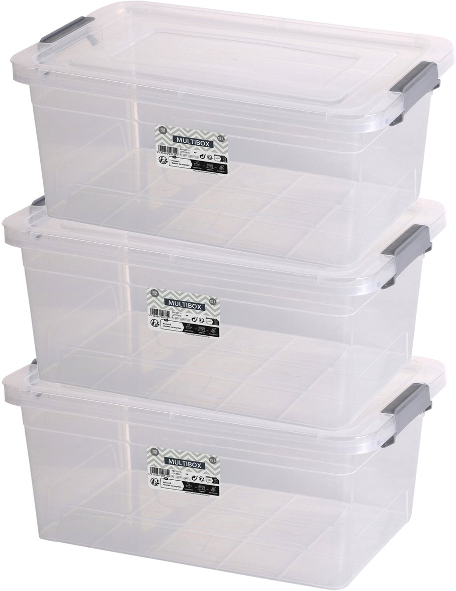 Urban Living Opberg box - 3x - 15 liter - 42 x 28 x 42 cm - deksel en clips - waterdicht - tuin/schuur/kast Grijs