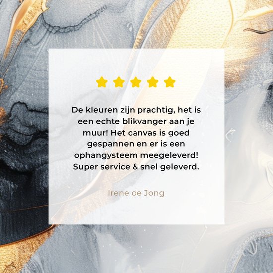 Avis client avec étoiles pour une peinture abstraite avec des touches d'or, de noir et de blanc.
