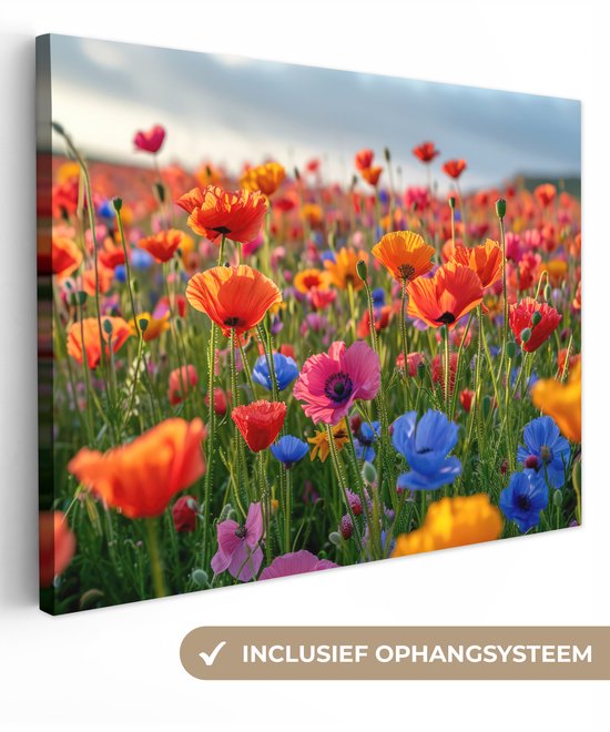 Canvas Schilderij 80x60 cm - Bloemen - Klaprozen - Kleurrijk - Natuur - Wanddecoratie woonkamer - Muurdecoratie keuken - Slaapkamer decoratie - Schilderijen - Woonaccessoires