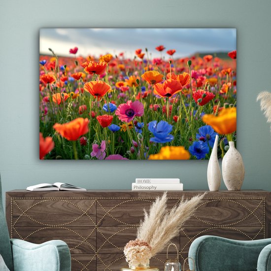 Canvas Schilderij 120x80 cm - Bloemen - Klaprozen - Kleurrijk - Natuur - Wanddecoratie woonkamer - Muurdecoratie keuken - Slaapkamer decoratie - Schilderijen - Woonaccessoires