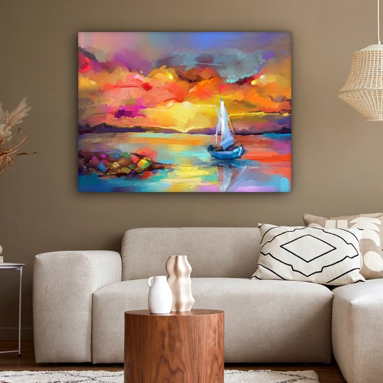 Toile - Huile - Peinture - Bateau - Nuages ​​- Couleurs - 120x90 cm - Intérieur - Peintures sur toile