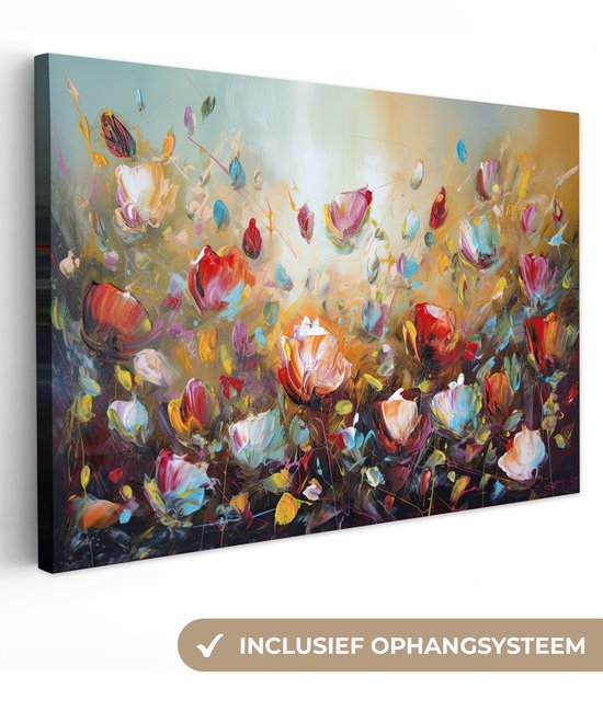 Abstract schilderij met veelkleurige bloemen, met "inclusief ophangsysteem" tekst.