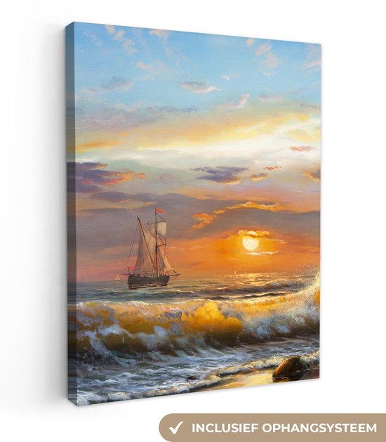 Toile - Peinture - Peinture à l'huile - Water - Bateau - Plage - Peinture - 120x160 cm - Décoration murale