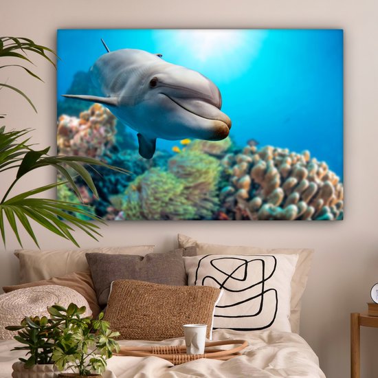 Canvas schilderij 120x80 cm - Wanddecoratie Dolfijn - Zee - Koraal - Muurdecoratie woonkamer - Slaapkamer decoratie - Kamer accessoires - Schilderijen op canvas