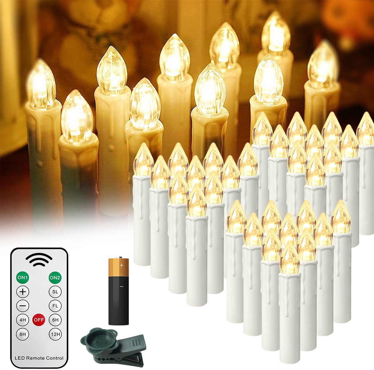 Froadp 40er LED Kerstkaarsen Draadloos Warmwit Met Timer Afstandsbediening Vlamloze Kerstboomkaarsen Voor Feestdagen,Parties,Kerstboom,Huwelijk,Huwelijksdecoratie,Geboortedagen (Met Batterij)
