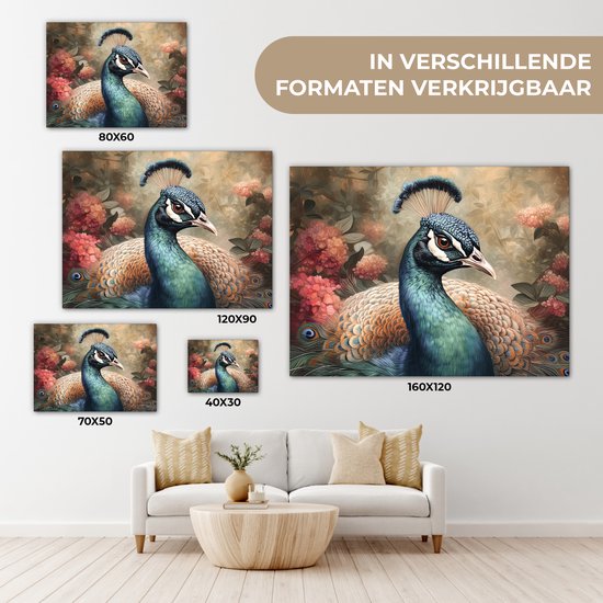 Tableau sur toile Paon - Vogel - Fleurs - Plantes - Plumes de Paon - 80x60 cm - Décoration murale