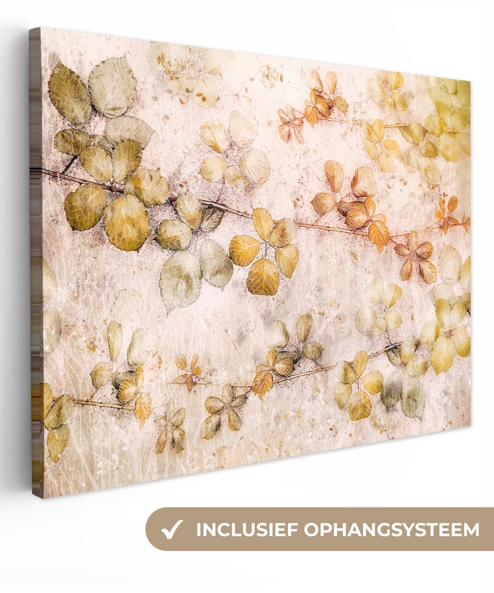 Canvas schilderij 80x60 cm - Wanddecoratie Bloemen - Bladeren - Kunst - Verf - Muurdecorat