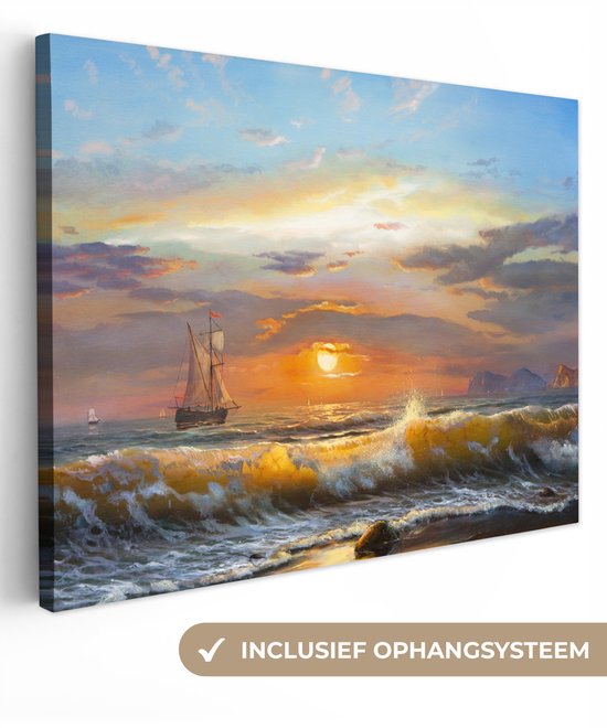 Toile - Peinture - Peinture à l'huile - Water - Bateau - Plage - Peinture - 80x60 cm - Décoration murale