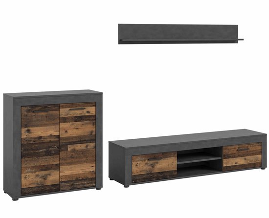 Donkergrijze kast met houten deuren, tv-meubel met laders en een wandplank.