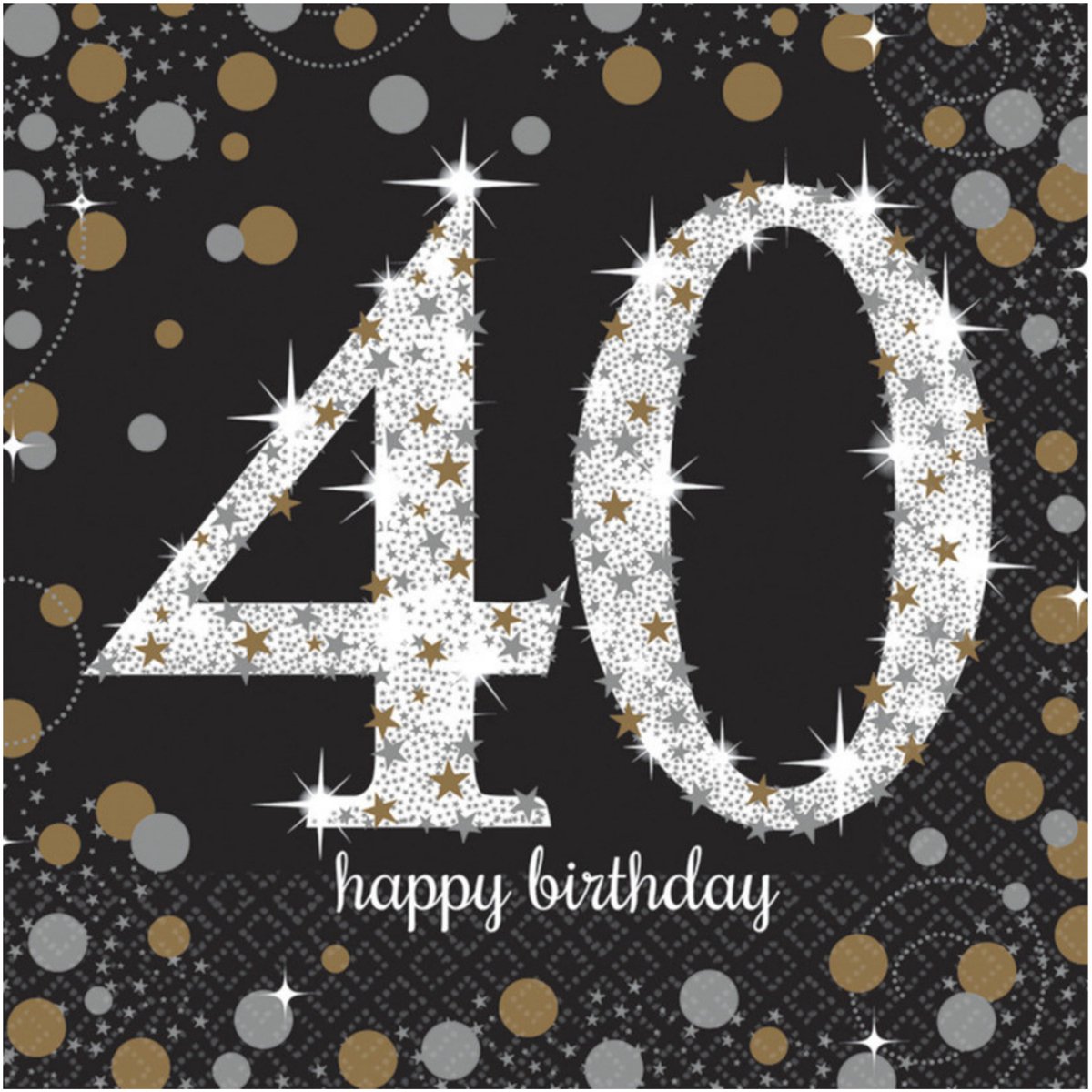 Amscan Servetten 40 jaar - 16x stuks - zwart - 33 x 33 cm - confetti - luxe - verjaardag
