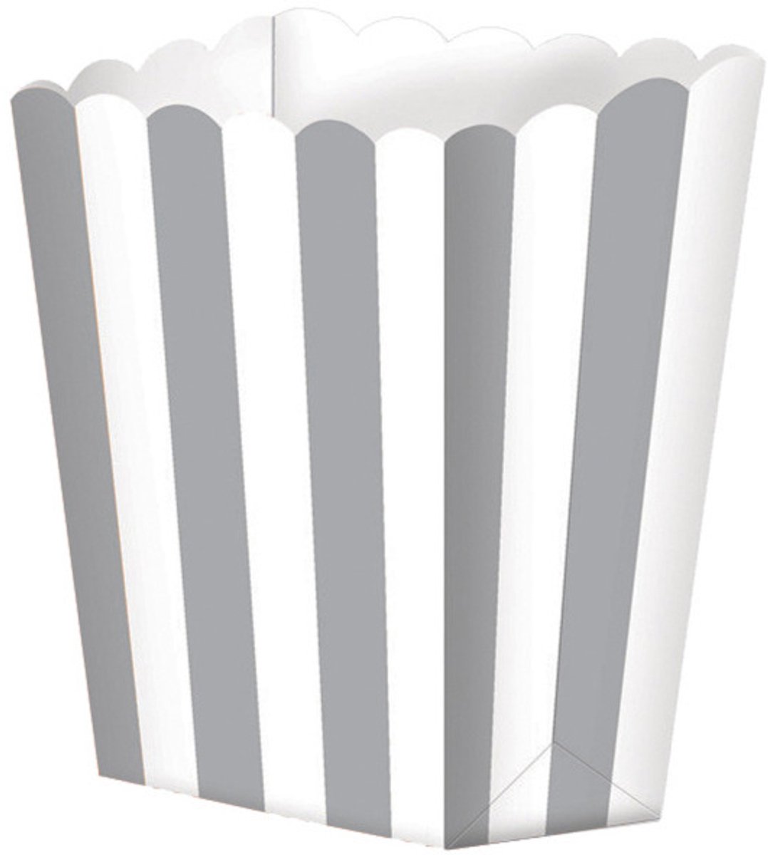 Popcorn bakjes - 5x stuks - zilver/wit - karton - snoepbakjes - feest - snackbakjes - traktaties