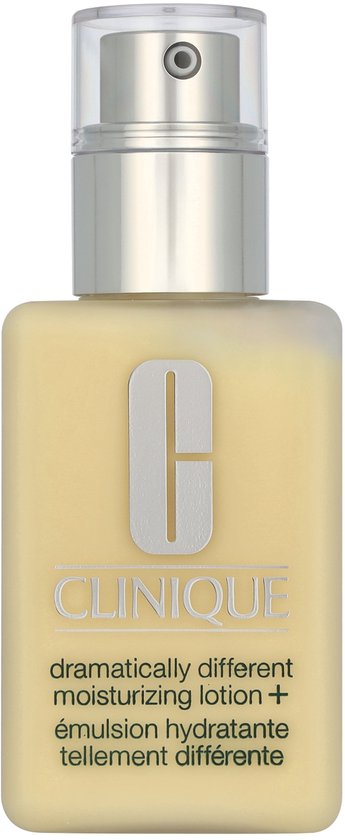 Fles Clinique Dramatically Different Moisturizing Lotion+ met pompdispenser, gele vloeistof.