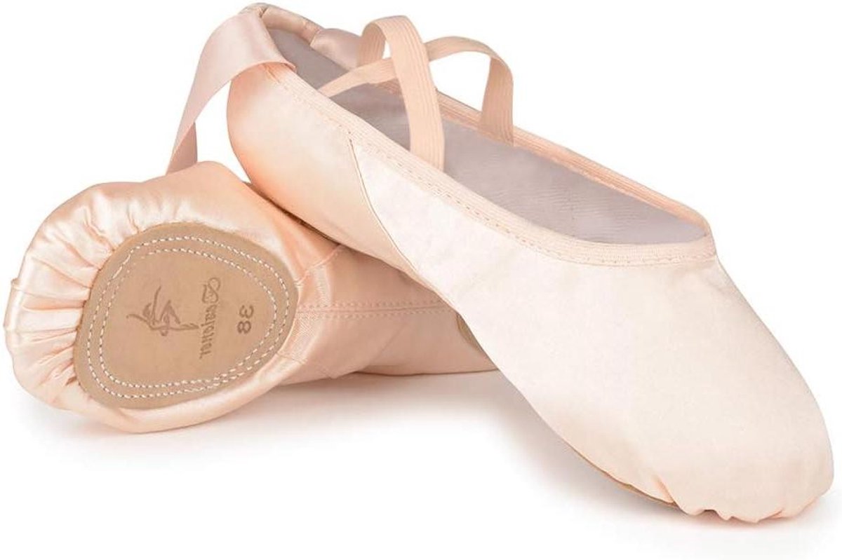 Allecto plus Satijnen dansschoenen met halfkant en roze strik voor kinderen en volwassenen
