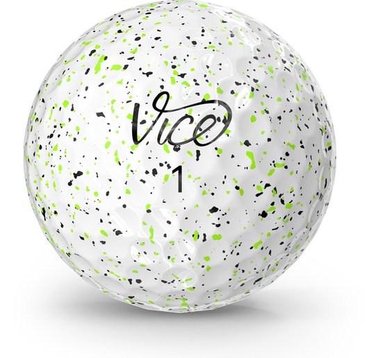 Golfbal 'Drip Lime' met spetters in groen en zwart. De bal heeft het 'Vice' logo en het cijfer '1'.