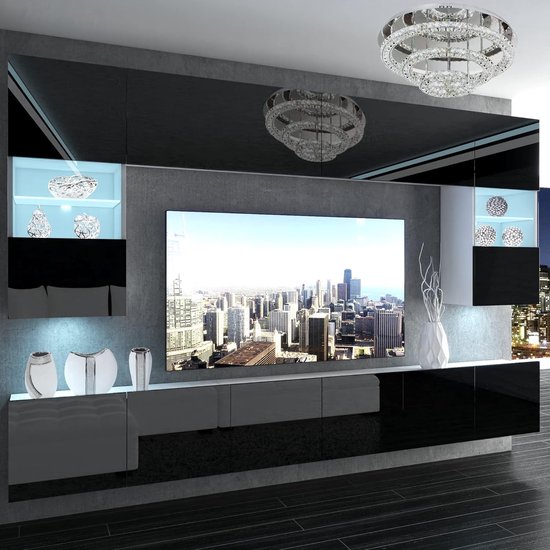 Moderne Hoogglans Gelakte Tv-meubel Met Ledverlichting, 2 Deuren En 1 Lade Zwart Moderne Hoogglans Gelakte Tv-meubel Met Ledverlichting, 2 Deuren En 1 Lade Zwart